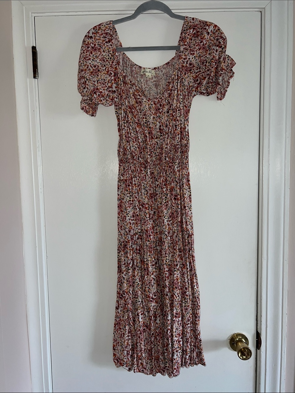 Floral Pink Midi Dress with Puff Sleeves — Lightweight Smocked Waist